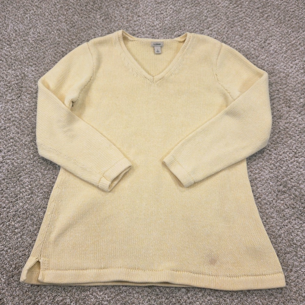 LL Bean Women's V Neck Knit Pullover Sweater Yellow preppy Heavyweight SIZE PL